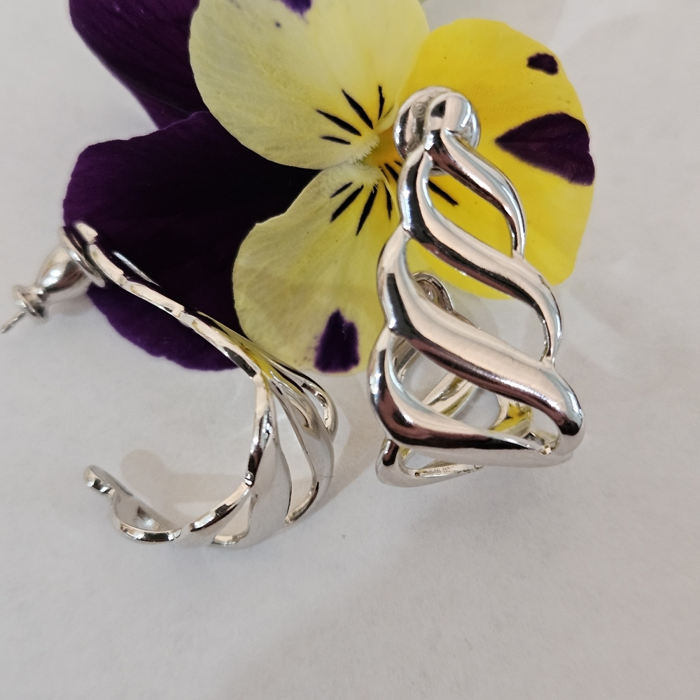 Monet Earrings Silvertone Half Hoops NWOT - Picture 4 of 8